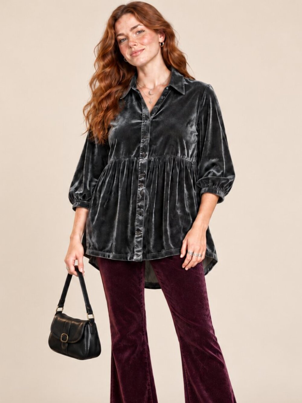 Women’s Charcoal Gray Velvet Babydoll Button-Front High-Low Tunic M